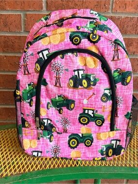 NWT Kid Girls Pink Green Tractor Print Backpack, Back to School Backpack